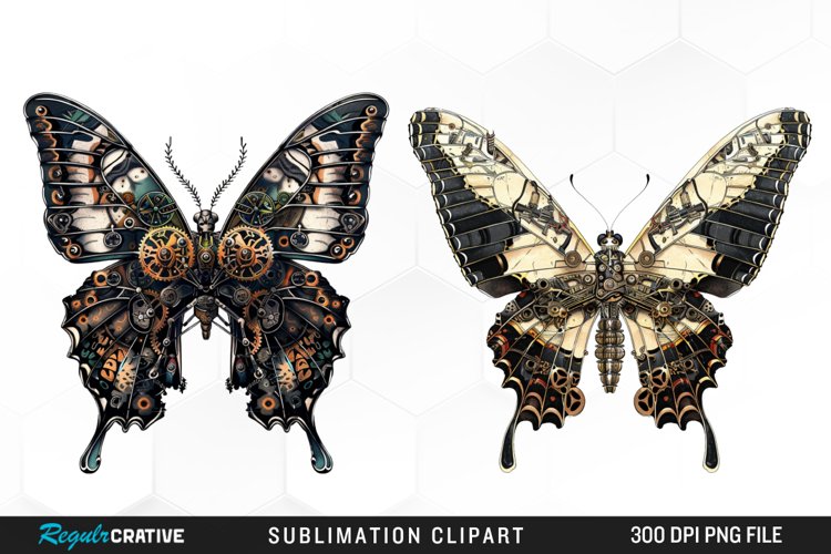 Watercolor Steampunk Butterflies Art Clipart example image 1