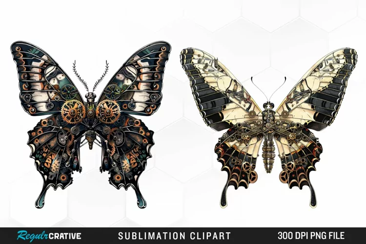 Watercolor Steampunk Butterflies Art Clipart