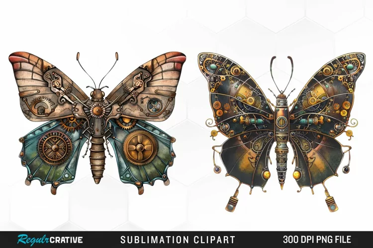 Watercolor Steampunk Butterflies Art Clipart