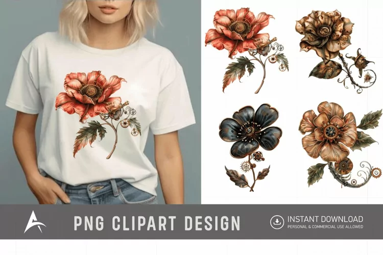 Watercolor Steampunk Flowers Clipart