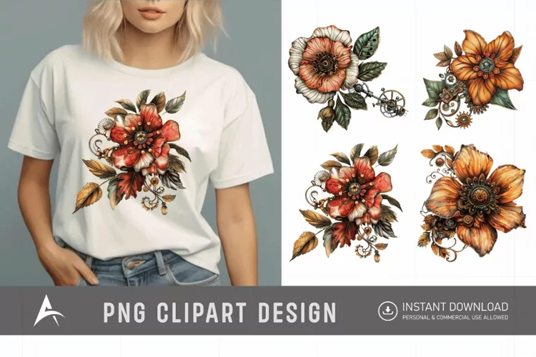 Watercolor Steampunk Flowers Clipart