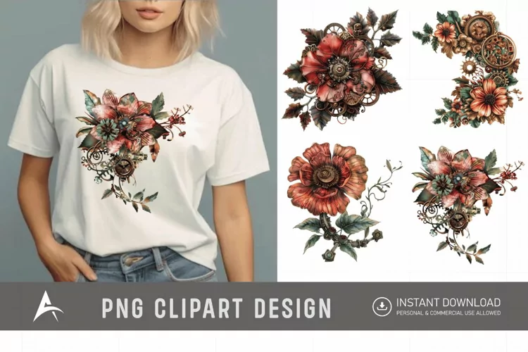 Watercolor Steampunk Flowers Clipart