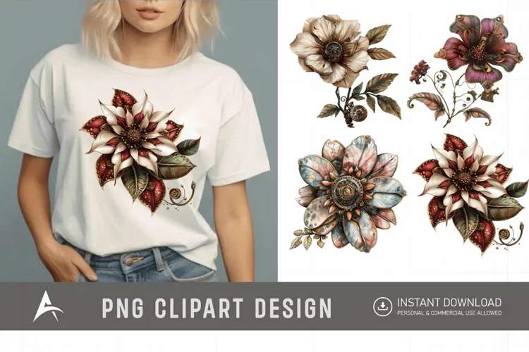 Watercolor Steampunk Flowers Clipart