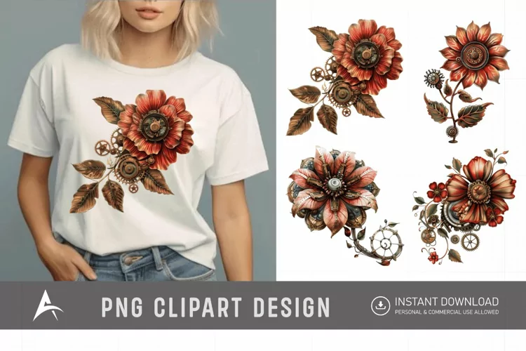 Watercolor Steampunk Flowers Clipart