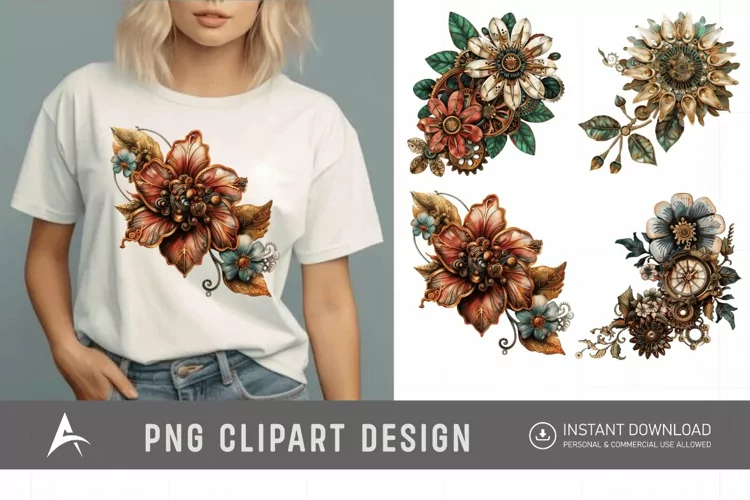 Watercolor Steampunk Flowers Clipart