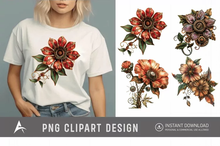 Watercolor Steampunk Flowers Clipart