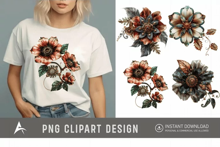 Watercolor Steampunk Flowers Clipart