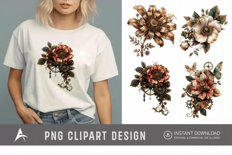 Watercolor Steampunk Flowers Clipart