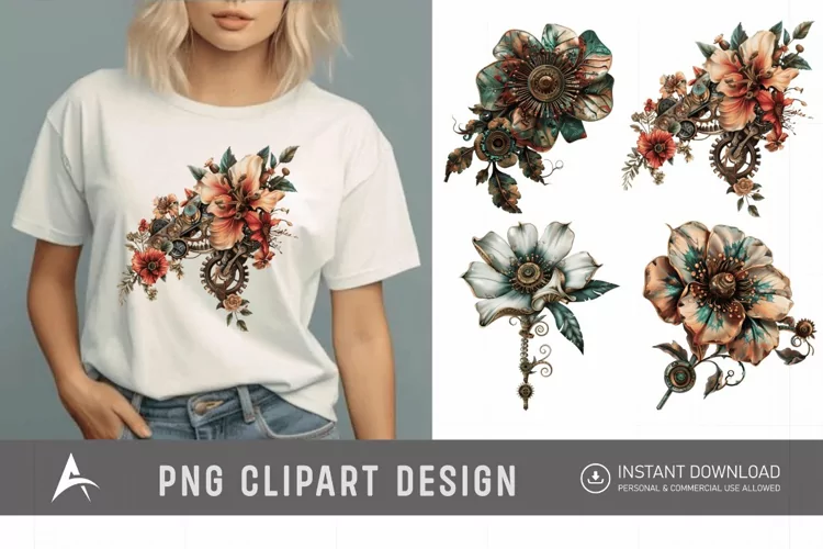 Watercolor Steampunk Flowers Clipart