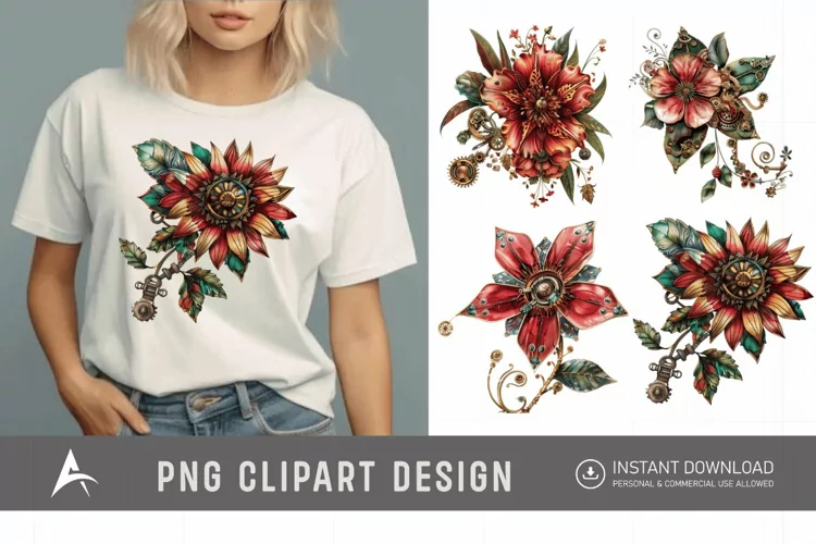 Watercolor Steampunk Flowers Clipart