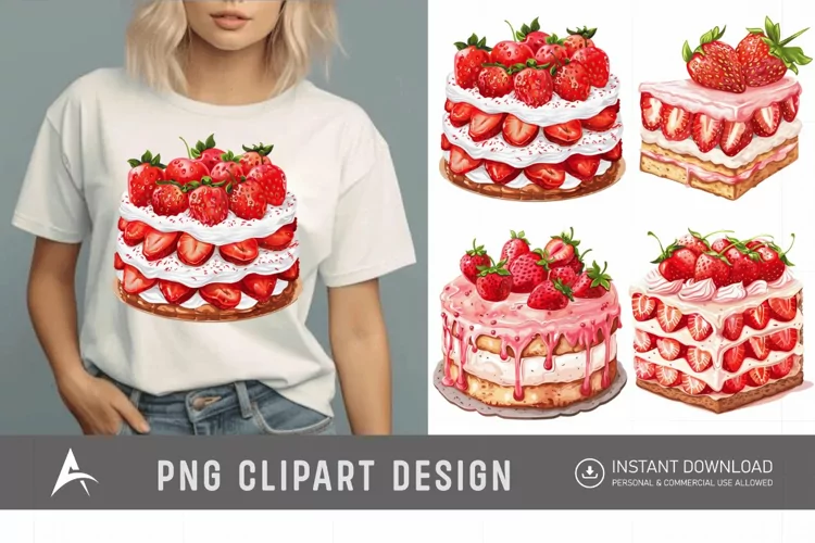 Watercolor Strawberry Cake Clipart