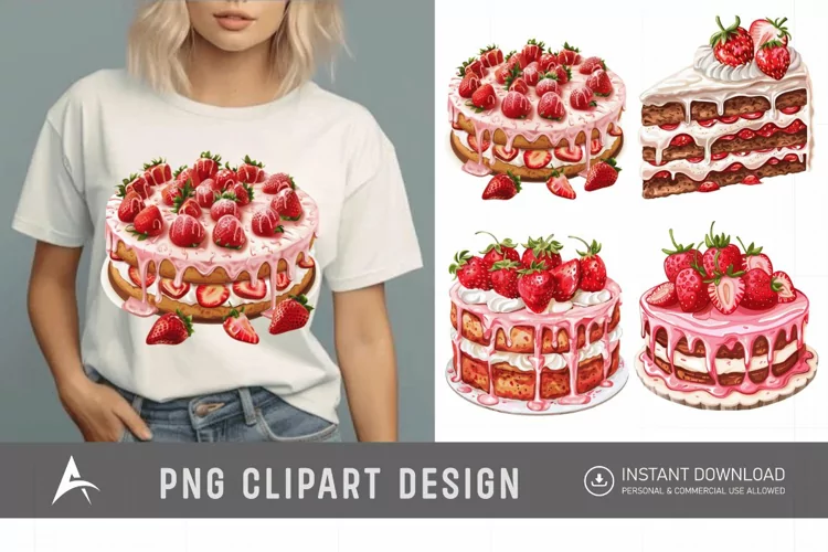 Watercolor Strawberry Cake Clipart