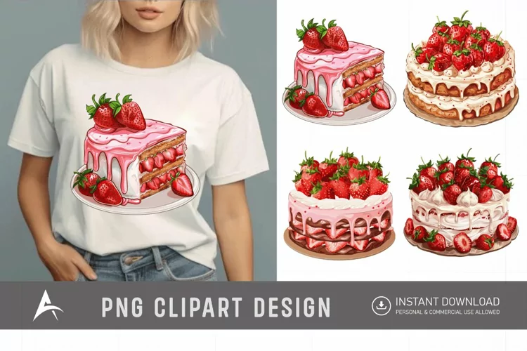Watercolor Strawberry Cake Clipart