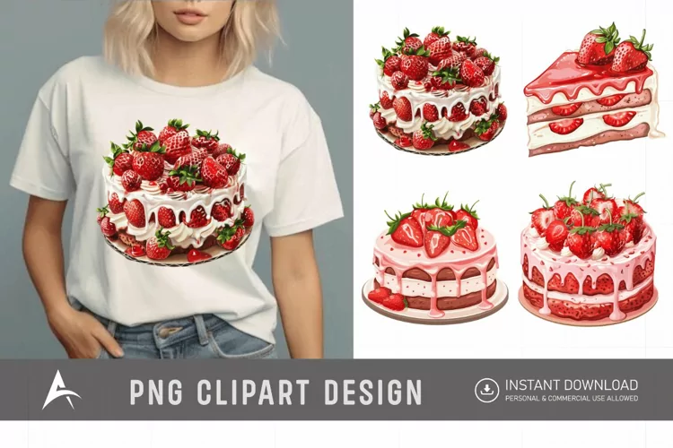 Watercolor Strawberry Cake Clipart