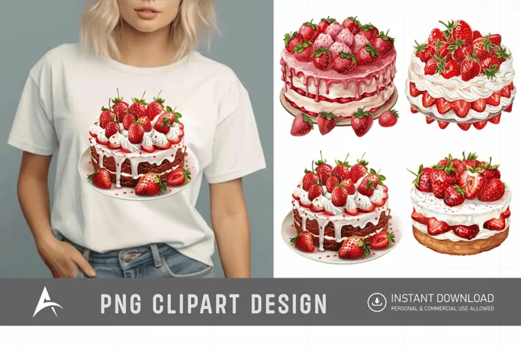 Watercolor Strawberry Cake Clipart