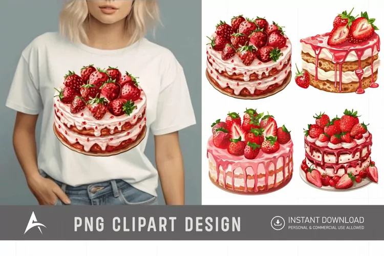 Watercolor Strawberry Cake Clipart