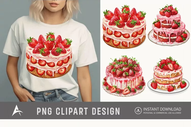 Watercolor Strawberry Cake Clipart