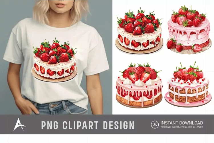 Watercolor Strawberry Cake Clipart