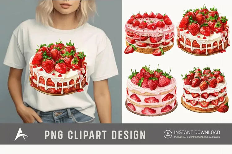 Watercolor Strawberry Cake Clipart