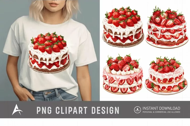 Watercolor Strawberry Cake Clipart
