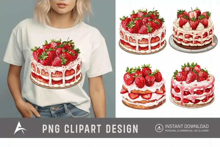 Watercolor Strawberry Cake Clipart