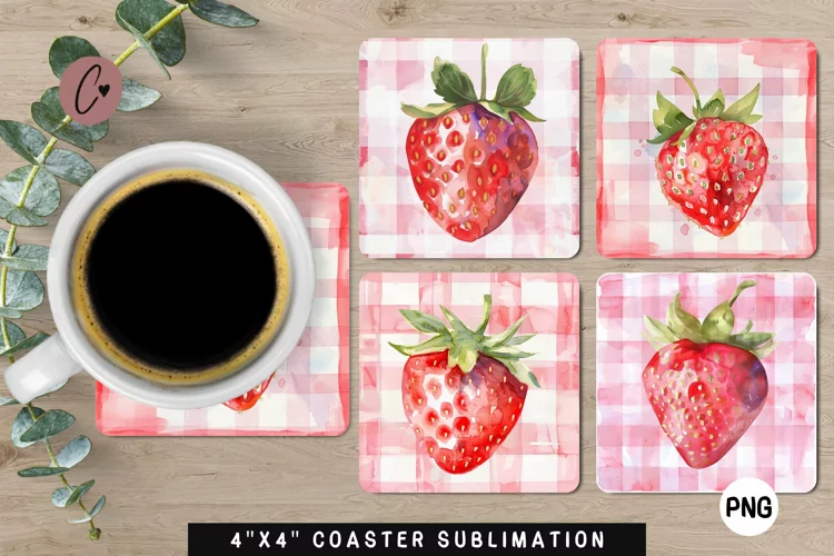 Strawberry Plaid Fruit Coaster | Summer Sublimation Coaster