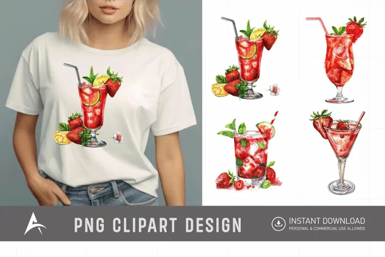 Watercolor Strawberry Cocktail Clipart