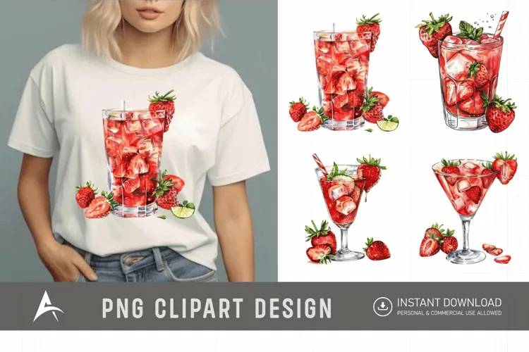 Watercolor Strawberry Cocktail Clipart