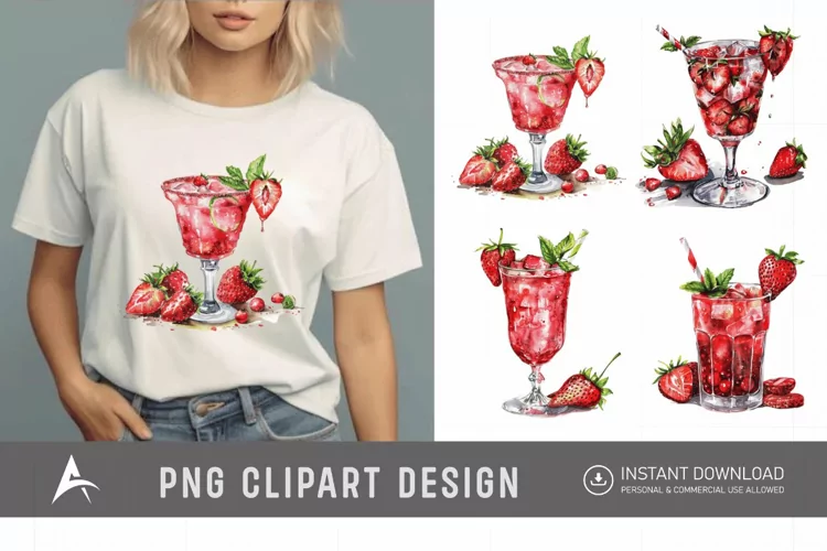 Watercolor Strawberry Cocktail Clipart