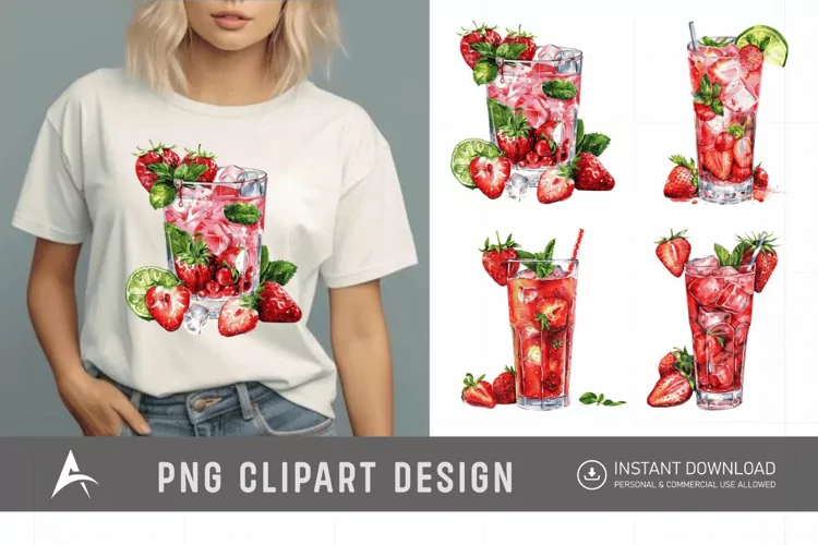 Watercolor Strawberry Cocktail Clipart