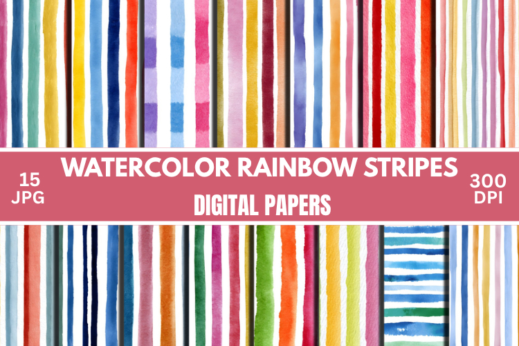 Watercolor Rainbow Stripes Digital Papers Pattern
