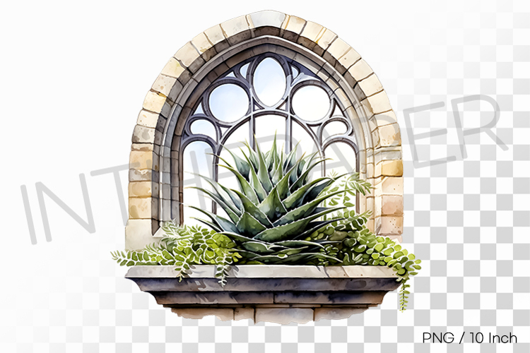 Round Stone Window Succulent Pot PNG Cactus Clipart Illust