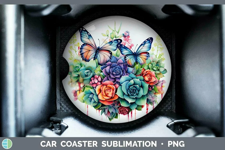 Watercolor Succulents Car Coaster | Sublimation Coaster Desi