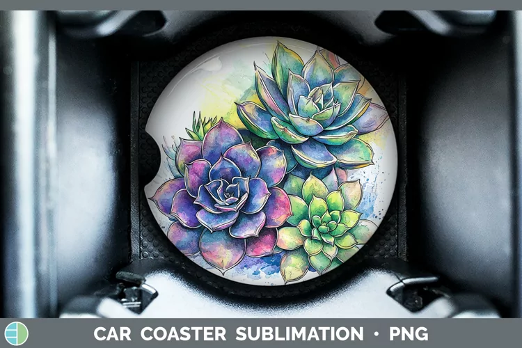 Watercolor Succulents Car Coaster Sublimation Designs