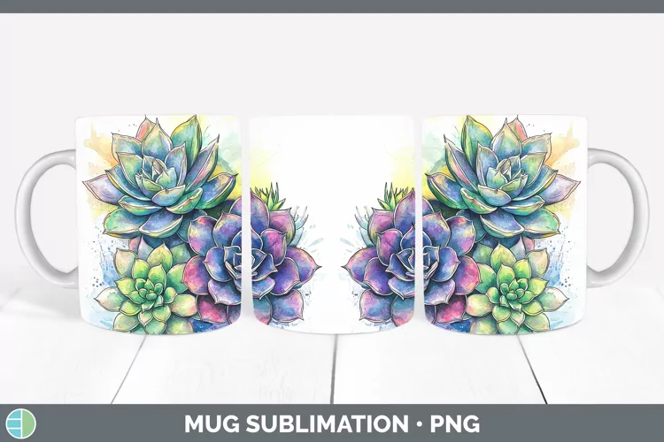 Watercolor Succulents Mug Wrap Sublimation Coffee Cup Design