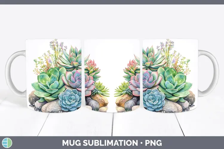 Watercolor Succulents Mug Wrap Sublimation Coffee Cup Design