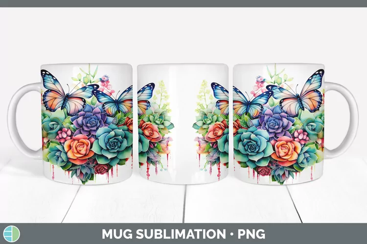 Watercolor Succulents Mug Wrap | Sublimation Coffee Cup Desi