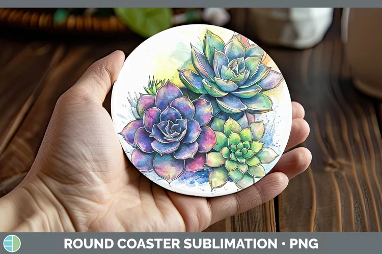 Watercolor Succulents Round Coaster Sublimation Coaster Desi