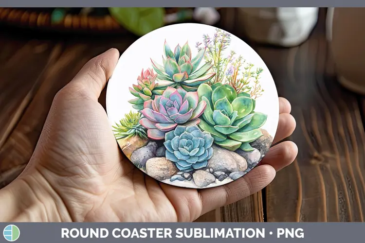 Watercolor Succulents Round Coaster Sublimation Coaster Desi
