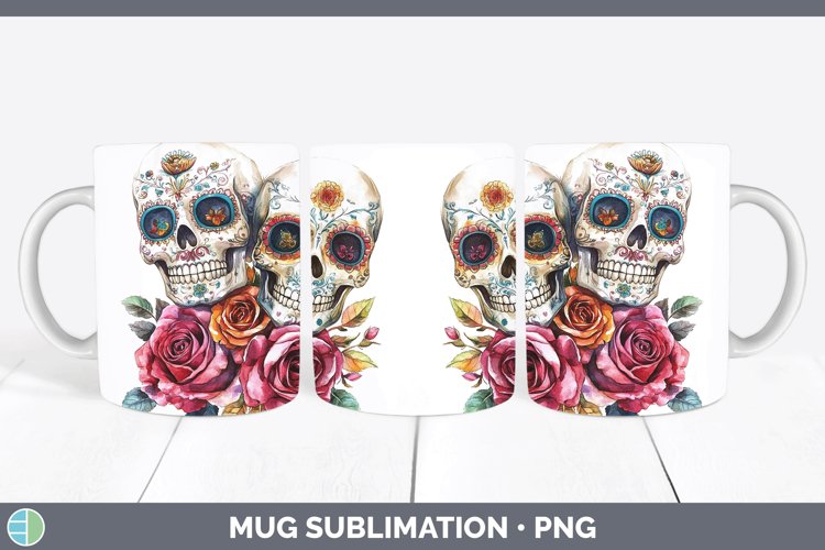 Watercolor Sugar Skull Mug Wrap Sublimation Coffee Cup Desig