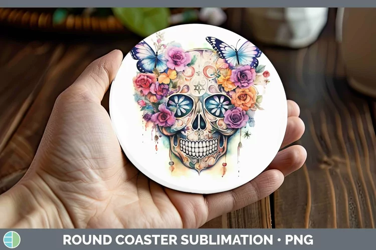 Watercolor Sugar Skull Round Coaster | Sublimation Coaster D