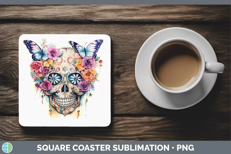 Watercolor Sugar Skull Square Coaster | Sublimation Coaster