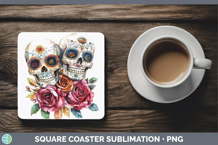 Watercolor Sugar Skull Square Coaster Sublimation Coaster De