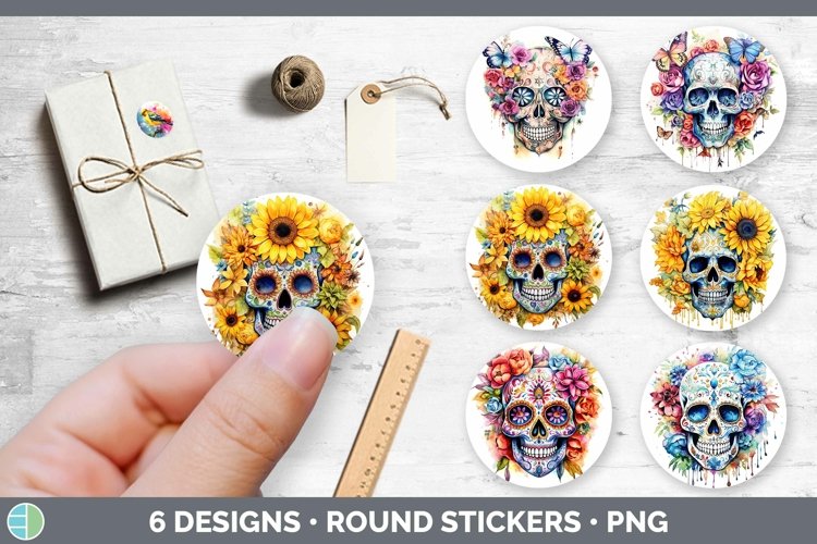 Watercolor Sugar Skull Stickers | Round Labels Bundle