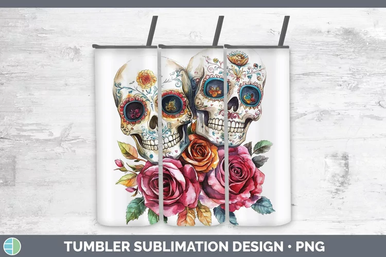 Watercolor Sugar Skull Tumbler Sublimation 20 oz Skinny Tumb
