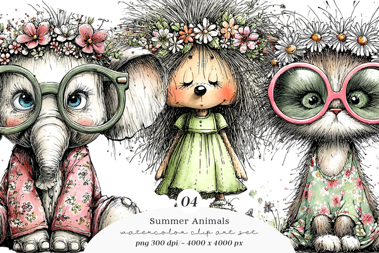 Watercolor Summer Animals Clipart
