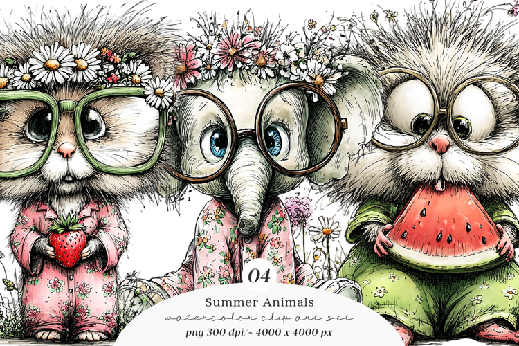 Watercolor Summer Animals Clipart