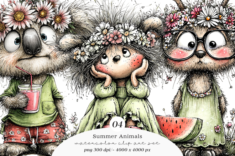 Watercolor Summer Animals Clipart