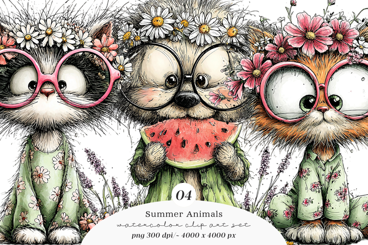 Watercolor Summer Animals Clipart