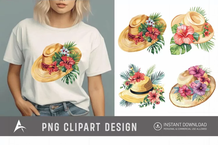 Watercolor Summer Beach floral hat Clipart
